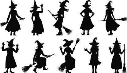 Halloween witch silhouette collection, flying broomstick, magical costume, spooky character, fantasy illustration, black shadow design, mystery, sorcery, gothic, enchanted, festival