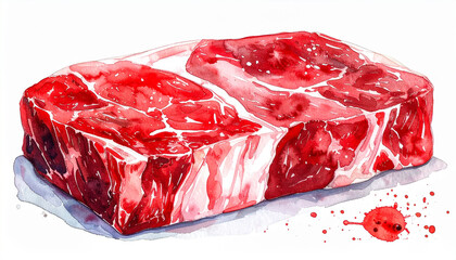 霜降り牛ステーキ肉の水彩イラスト – Watercolor Illustration of Raw Beef Steak with Marbling
