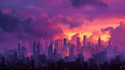 Obraz premium Metropolis Silhouette Against a Dramatic, Fiery Purple Sunset Sky.