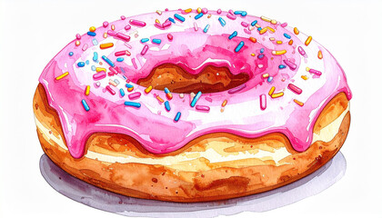 ピンクアイシングとスプリンクルの水彩ドーナツイラスト – Watercolor Illustration of Glazed Doughnut with Pink Icing and Sprinkles