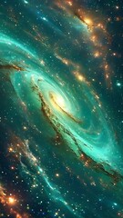 Spectacular cosmic spiral galaxy in a vibrant display of teal and golden hues against a dark background