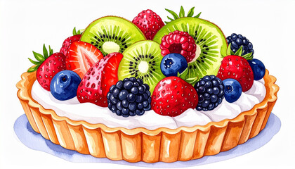 彩りフルーツが華やかに並ぶタルトのやさしいスイーツ水彩イラストコラージュ素材 – Watercolor Illustration of a Colorful Fruit Tart with Kiwi, Berries, and Cream