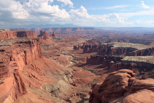 Sweeping Red Rock Canyon Vista - Intricate Eroded Sandstone Formations, Arid Landscape, and Dramatic Cloudy Blue Sky.