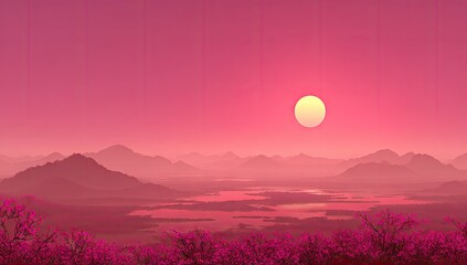 Fototapeta premium Panoramic view of a pink landscape with mountains and a river.