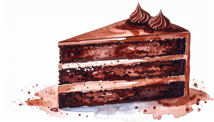 濃厚なチョコレートケーキの一切れの水彩イラスト – Watercolor Illustration of a Rich Chocolate Cake Slice