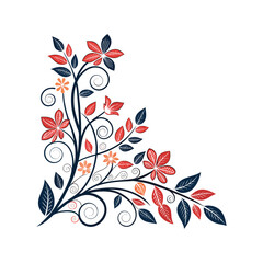 Decorative floral corner vector with red flowers and ornamental leaves design