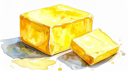 スライスしたバターブロックの水彩イラスト – Watercolor Illustration of Butter Block with Slice Cut