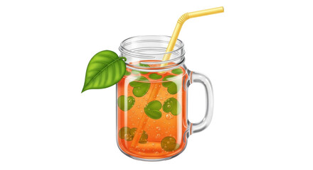 Isolated tropical drink in mason jar with straw and leaf garnish, fruity summer cocktail