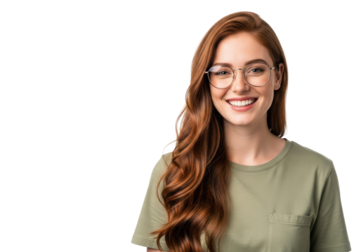 Young caucasian woman, early twenties, long wavy red hair, freckles, round gold eyeglasses, olive t-shirt, smiling radiantly, transparent studio background, copy space, concept of genuine joy