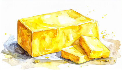 スライスしたバターブロックの水彩イラスト – Watercolor Illustration of Butter Block with Slice Cut