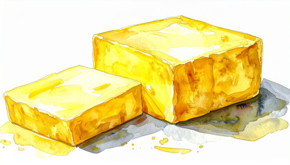 スライスしたバターブロックの水彩イラスト – Watercolor Illustration of Butter Block with Slice Cut