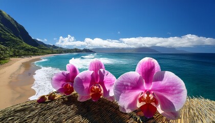 Naklejka na ściany i meble orchid paradise lush blooms framing a tropical coastal vista serenity for hawaii statehood day