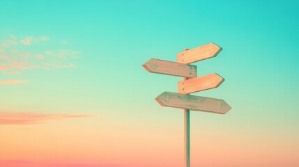 A colorful signpost pointing in multiple directions against a vibrant sky at sunset, symbolizing choices and journeys.