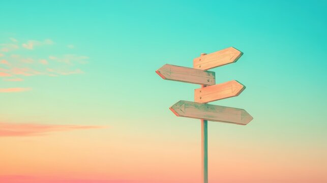 A colorful signpost pointing in multiple directions against a vibrant sky at sunset, symbolizing choices and journeys.