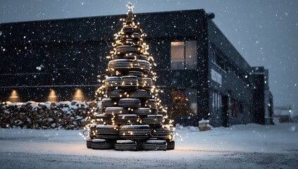 An unusual christmas tree made of tires stands in falling snow