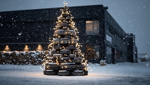 An unusual christmas tree made of tires stands in falling snow - Powered by Adobe