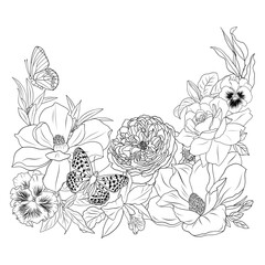 Magnolia, roses, and pansies flowers 