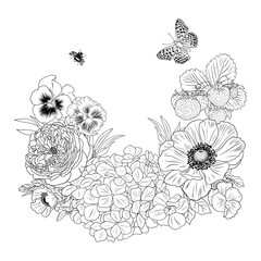 Garden Flowers Frame with Hydrangea, Roses, Pansies