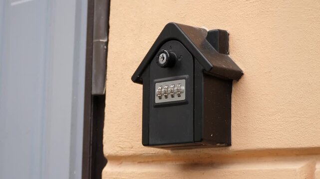outdoor key safe designed as a small house. Security device for storing spare keys outside homes or offices with safety and convenience.