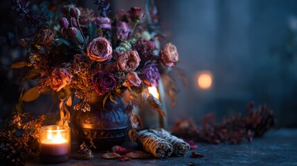 Halloween Scented Bouquet. A moody arrangement of dried flowers and a candle in a dimly lit setting.