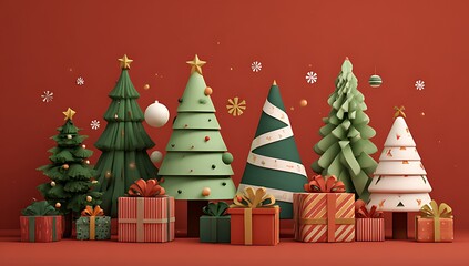 A festive arrangement of stylized christmas trees and colorful gift boxes