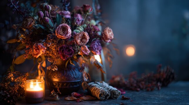 Halloween Scented Bouquet. A moody arrangement of dried flowers and a candle in a dimly lit setting.