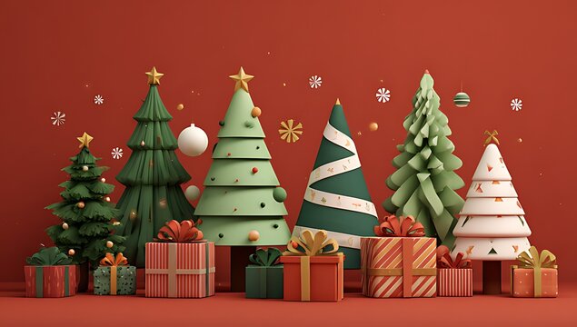 A festive arrangement of stylized christmas trees and colorful gift boxes