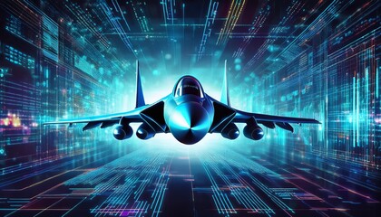 advanced fighter jet over a complex data matrix visualization for security systems for air force birthday national aviation day