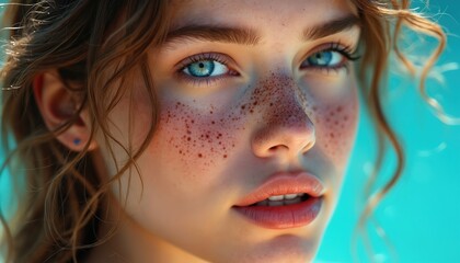 Fototapeta premium Close up portrait of young woman with blue eyes. Many freckles, wavy brown hair. Bright sunlight illuminates natural healthy skin. Face shows calm, confident beauty expression. Fresh summer outdoor
