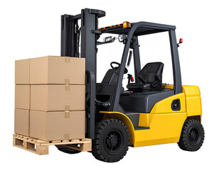 Yellow forklift carrying cardboard boxes on wooden pallet, side view, isolated