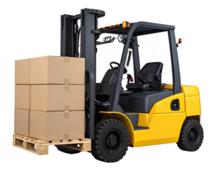 Yellow forklift carrying cardboard boxes on wooden pallet, side view, isolated