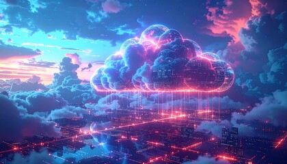 Digital cloud over a futuristic city at sunset