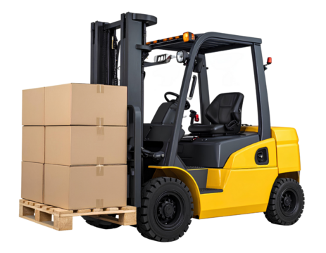 Yellow forklift carrying cardboard boxes on wooden pallet, side view, isolated