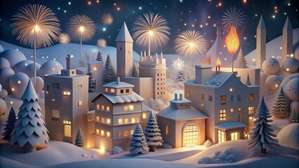 Obraz premium Paper Art Cityscape with Snow and Fireworks – Winter Holiday Scene - 6