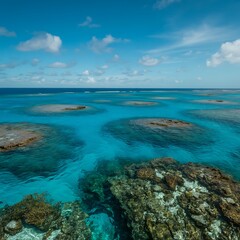 Obraz premium Tropical Blue Ocean with Coral Reef Pools and Rocky Coastline