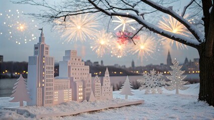 Obraz premium Paper Art Cityscape with Snow and Fireworks – Winter Holiday Scene