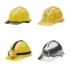 Four hard hats are displayed, including a cracked yellow helmet and one with a headlamp, against a white background.