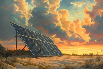 A serene sunset illuminates a solar panel array standing proudly on a sandy dune, promising clean energy under a breathtaking sky.