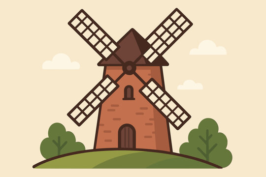 Charming illustration of a windmill surrounded by greenery and gentle hills