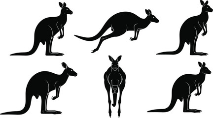 Kangaroo silhouette illustration, Australian wildlife vector, jumping kangaroo pose, animal icon pack, black silhouette, nature, motion, marsupial art