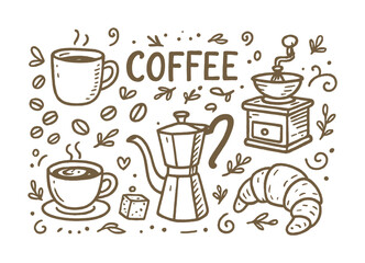 Doodle of coffee elements: cups, beans, grinder, pot, and croissant