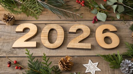 Rustic Wooden 2026 Numbers with Festive Plants on Wooden Background - 2