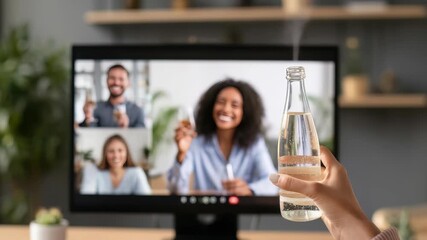 Hand holding glass bottle in front computer screen showing virtual meeting with smiling colleagues, celebrating together online, representing remote teamwork, digital collaboration, modern work - Powered by Adobe