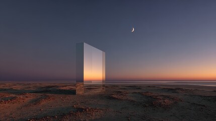 Minimalist Architectural Structure Reflecting Sunset Colors, Desert Landscape, Moon Above.