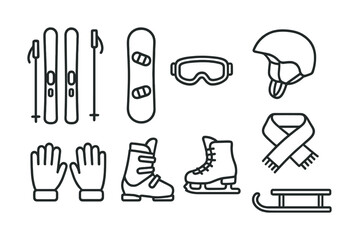Fototapeta premium Winter sports equipment icons: skiing, snowboarding, accessories, and safety gear