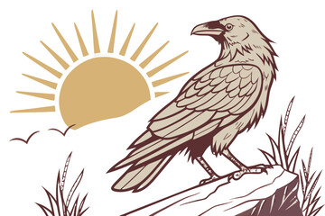 Fototapeta premium Raven perched on a rock with sun and birds in the background