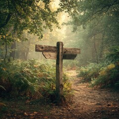 Wooden Signpost at Forest Path Fork