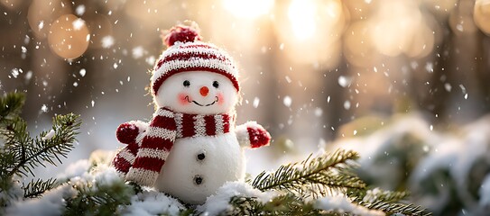 Obraz premium Charming snowman figure with red hat and scarf in winter snowfall