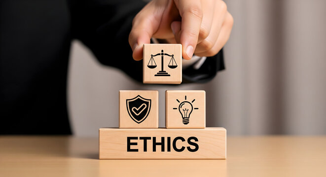 Promote ethical business practices with symbolic blocks depicting justice and security