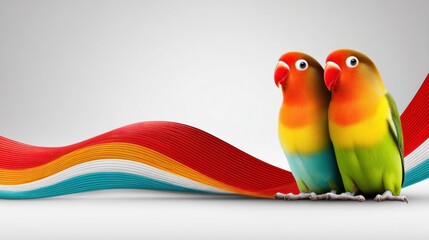 Naklejka premium Two colorful lovebirds against a backdrop of flowing ribbons